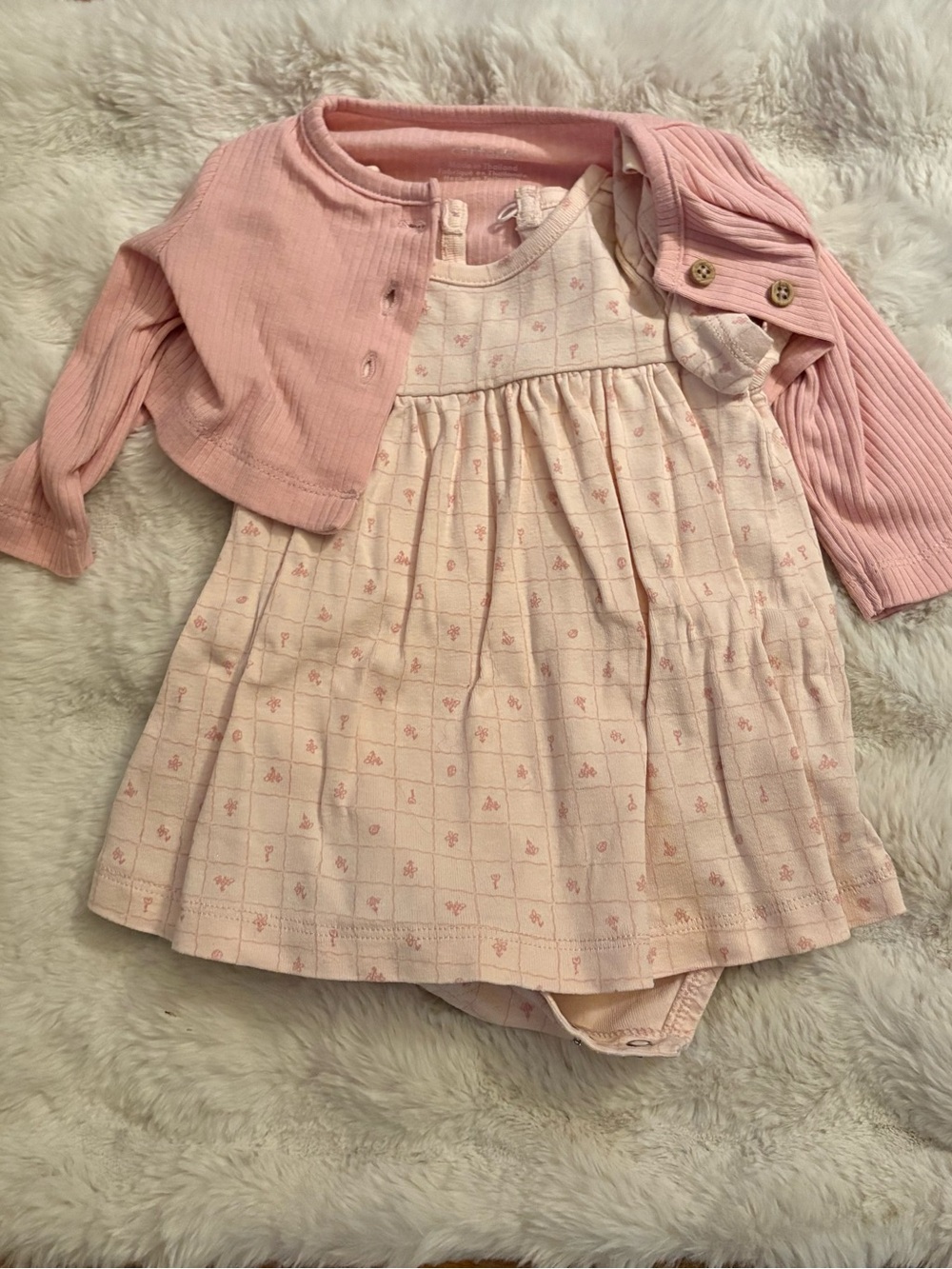 Carter's Light Pink Floral Grid Dress with Pink Knit Cardigan